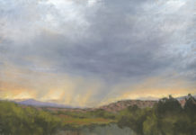 Pastel painting of rain at sunset over the mountains