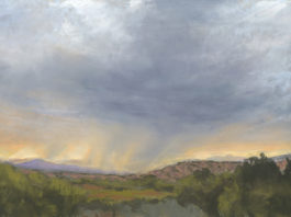 Featured Artwork: Nancy Silvia Pastel painting of rain at sunset over the mountains