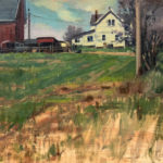Oil painting of a farmstead with barns a house