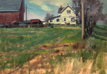 Oil painting of a farmstead with barns a house
