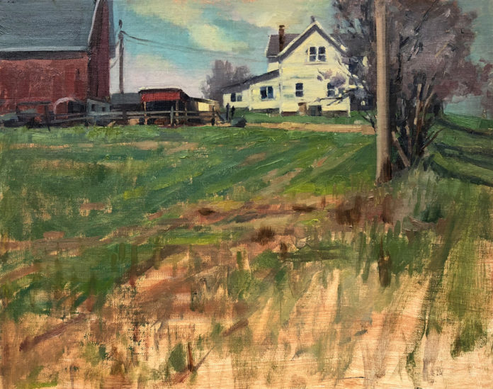 Oil painting of a farmstead with barns a house