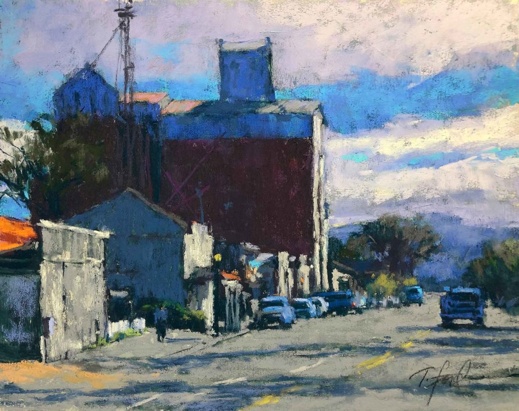 Pastel landscape painting of small town
