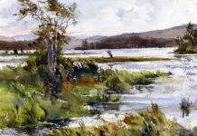 Tony Conner, “Raquette River, Late Summer,” 2018, watercolor, 11 x 15 in., Private collection, Plein air