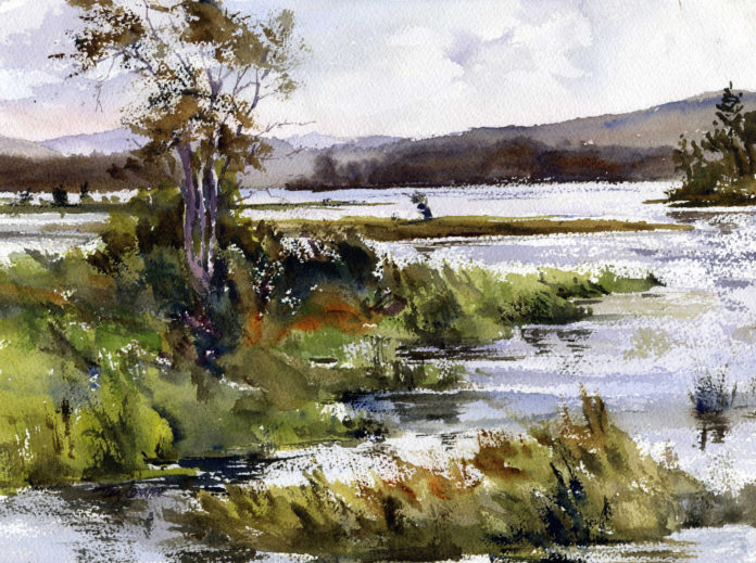Tony Conner, “Raquette River, Late Summer,” 2018, watercolor, 11 x 15 in., Private collection, Plein air