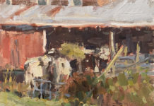 Oil painting of a dilapidated old building
