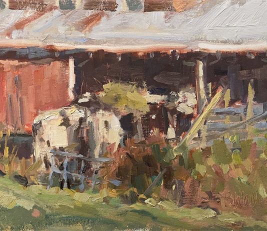 Oil painting of a dilapidated old building