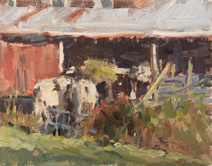 Oil painting of a dilapidated old building
