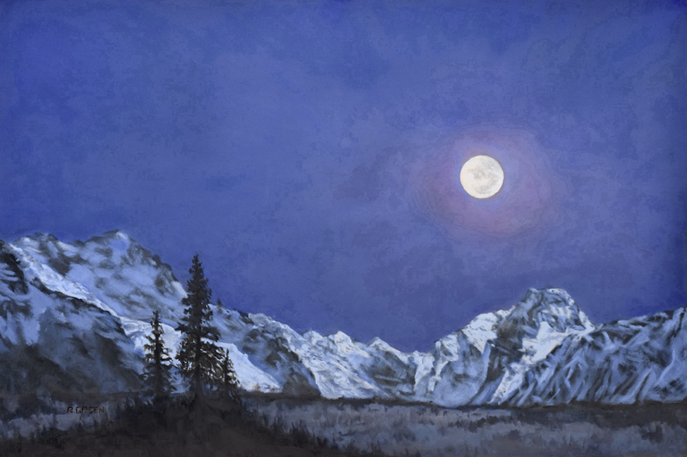Nocturne oil painting of mountains and the moon