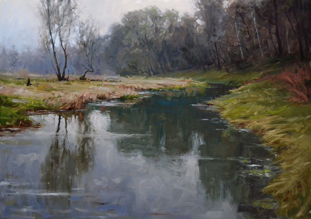 Oil painting of a beaver pond with trees in the background