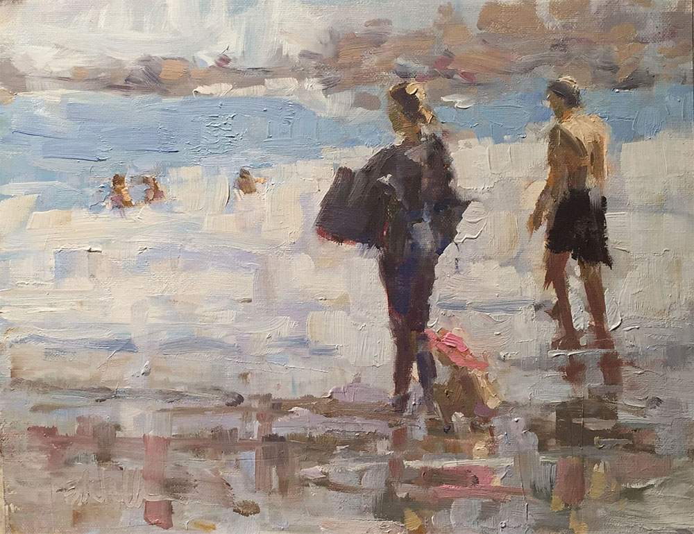 Oil painting of a family on a beach, the little one wearing a pink hat