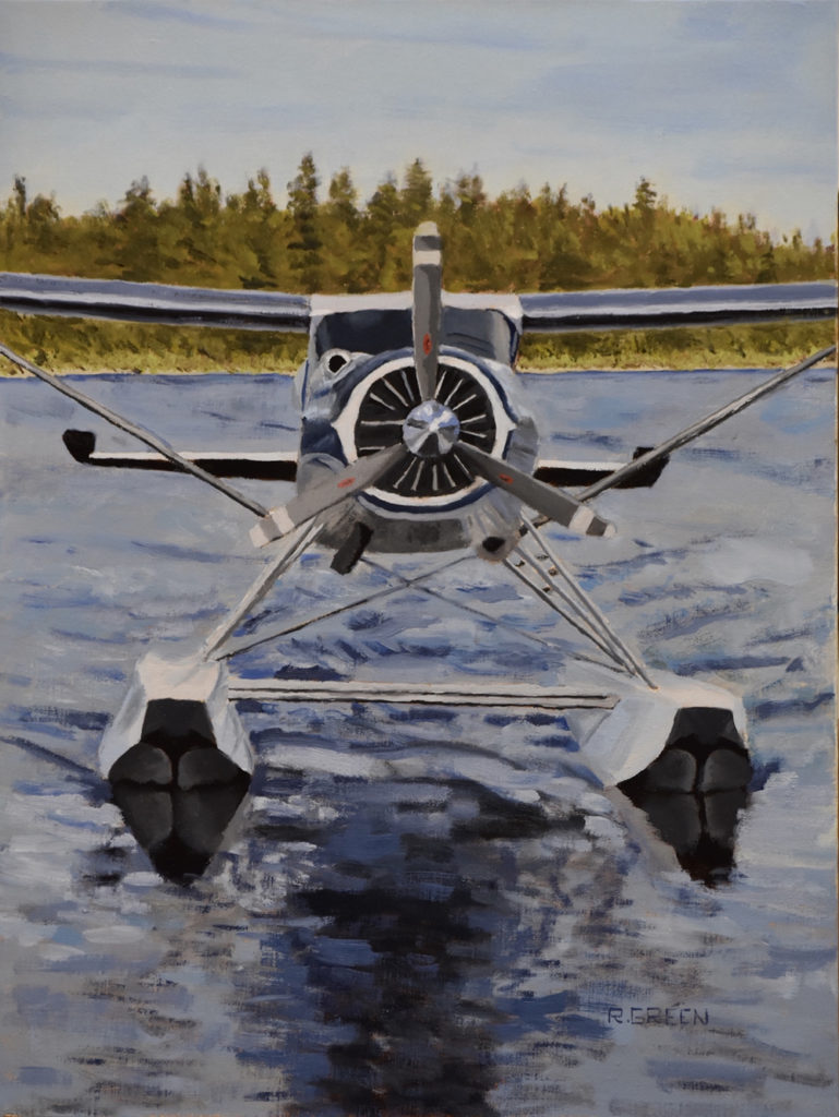 Oil painting of a float plane on the water coming toward the viewer