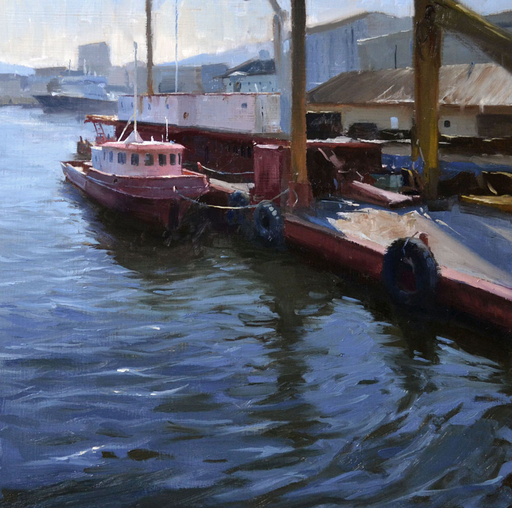 Oil painting of a boat dock with boats in the water