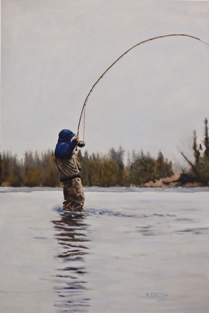 Oil painting of a man in the water fishing
