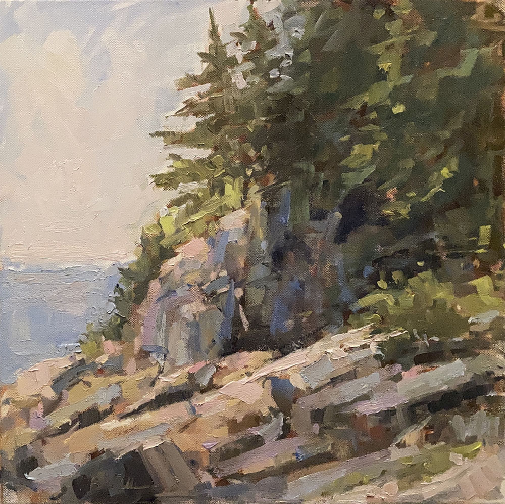 Oil painting of a rocky outcrop with trees next to the ocean
