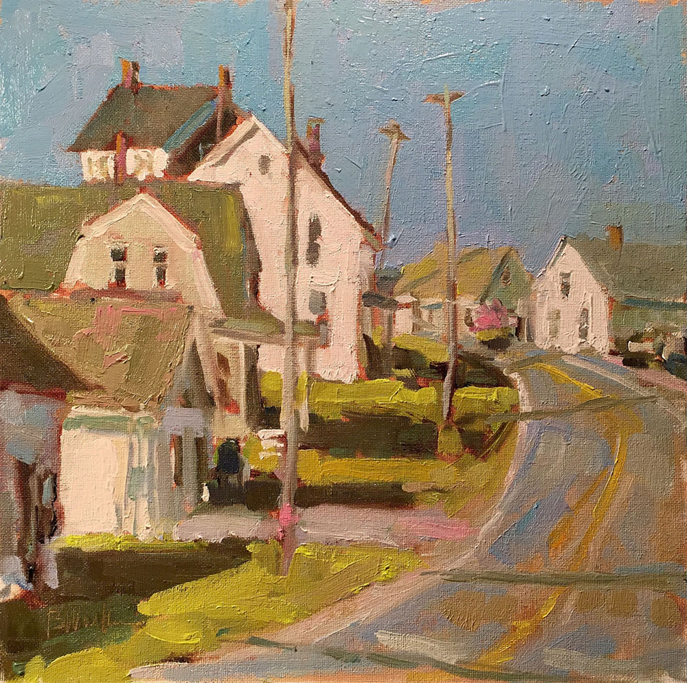 Oil painting of houses at the curve of a road