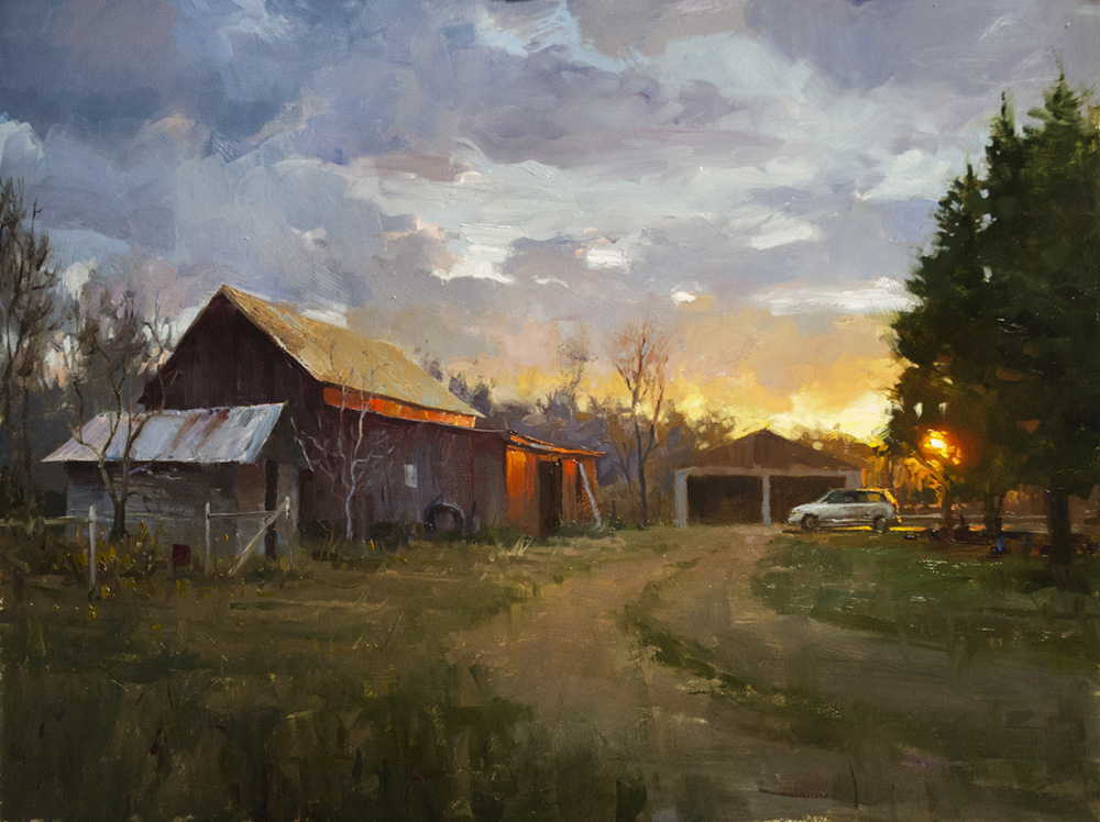 Oil painting of a sunrise over a farmstead
