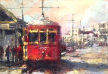 Nancy Nowak, "Riverwalk Cable Car," 2017, pastel, 9 x 12 in., Private collection, Plein air and studio