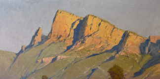 Oil painting of rock cliffs in the distance