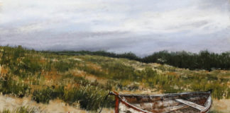 Pastel painting of a small boat in grassy sand dunes