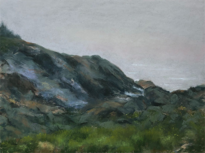 Pastel painting of a foggy landscape