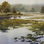 Artist Spotlight: Brienne M. Brown Watercolor painting of peaceful body fo water on a foggy morning