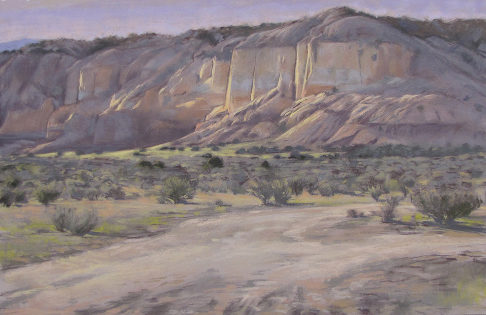 Pastel painting of bluffs in the desert