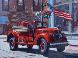 Plein air painting - Rita Pacheco, “Lil’ Red on the Fourth of July,” 8” x 10”, available
