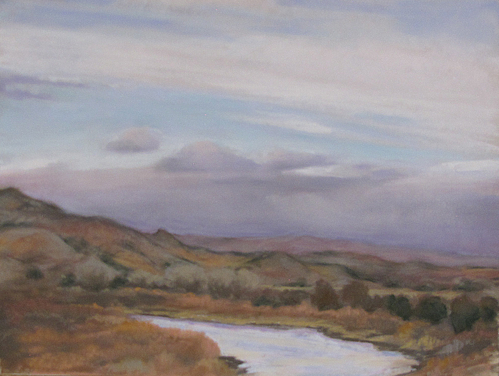 Oil painting of a landscape with a cloudy sky and a river