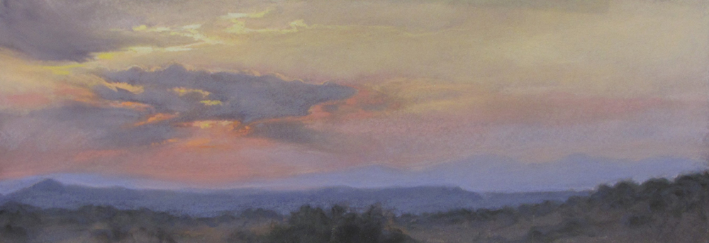 Pastel painting of a landscape with clouds and mountains in the distance