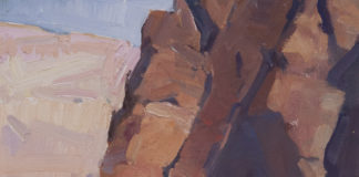 Oil painting of red rock monolith