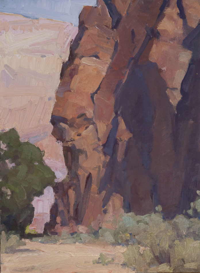 Oil painting of red rock monolith