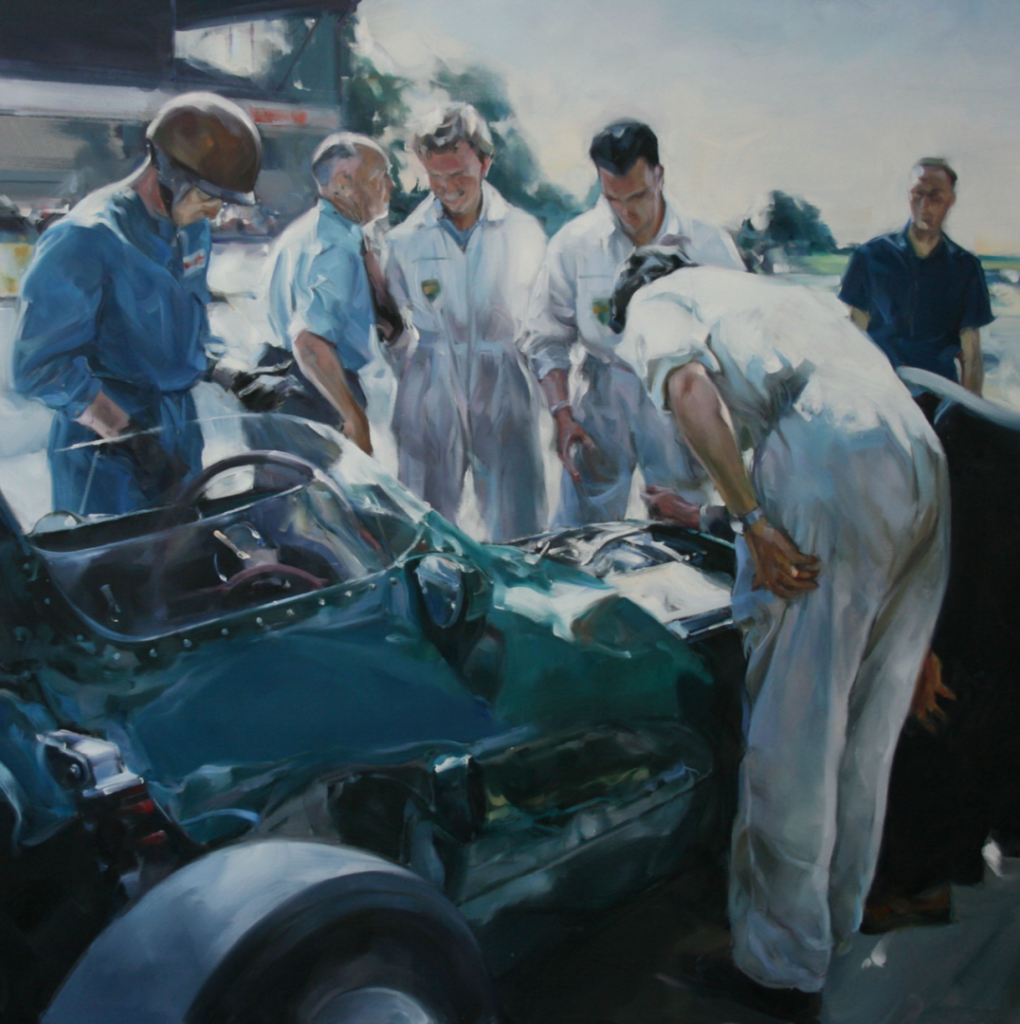 Luis Azon, "Pit Stop," oil, 48 x 48 in.