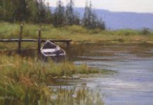 In this painting, John indicates a meniscus effect along the shoreline.