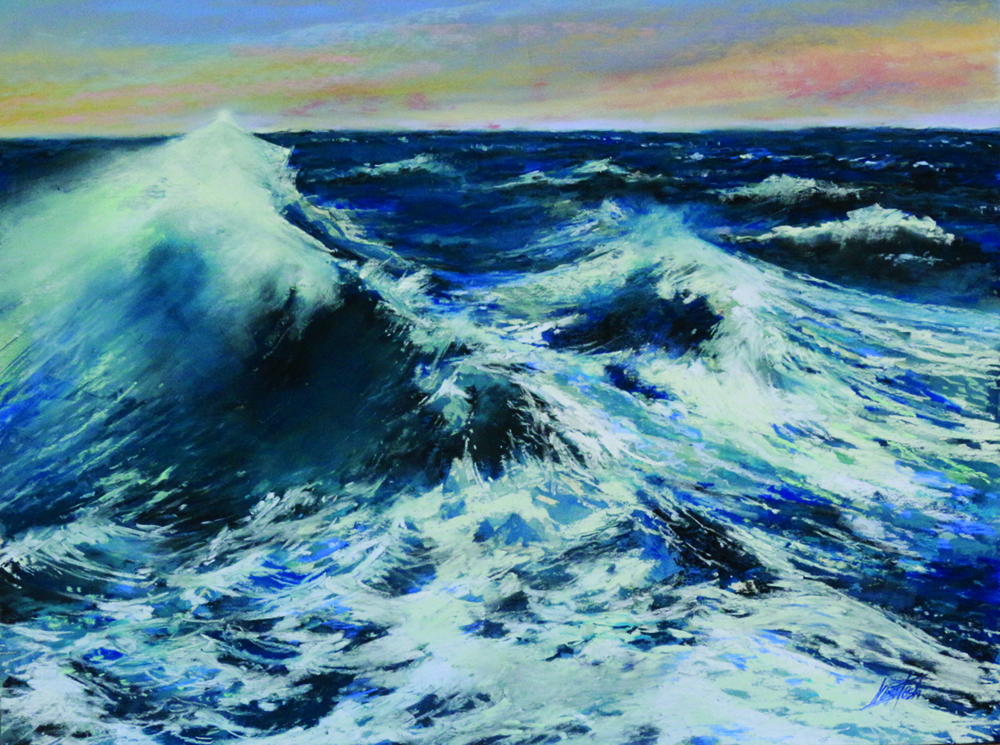 Pastel painting of large waves in the ocean