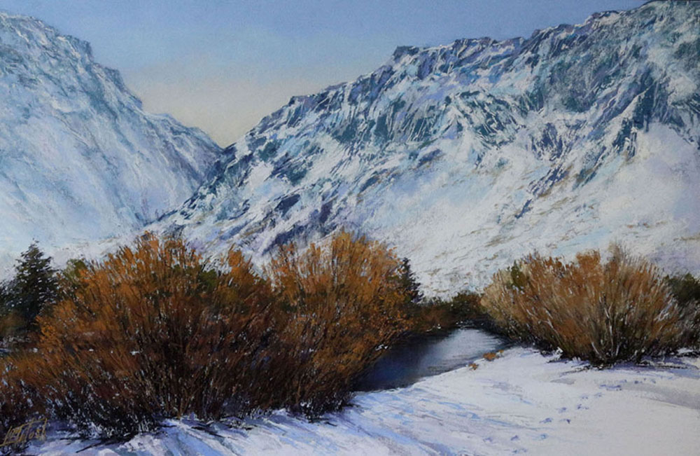 Pastel painting of a snowy mountain creek with willows