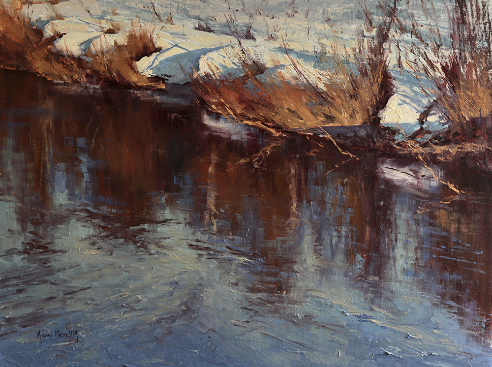 Oil painting of a riverbank with grasses and snow