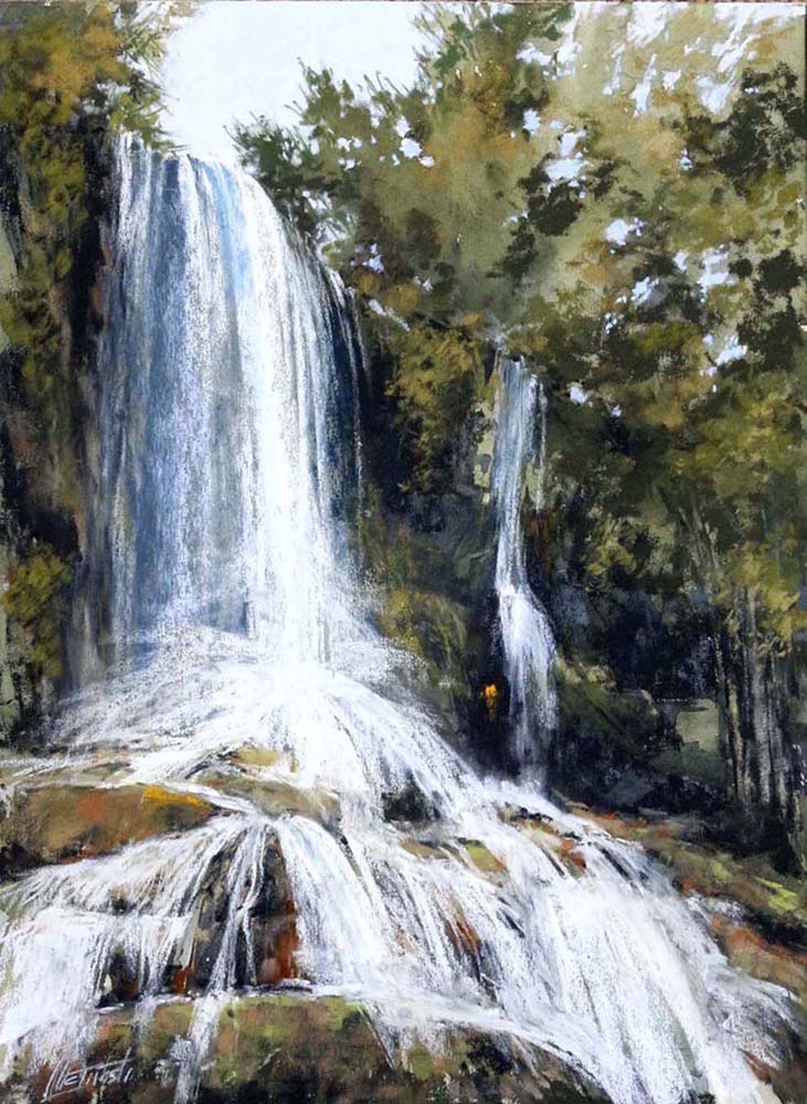 Pastel painting of a waterfall