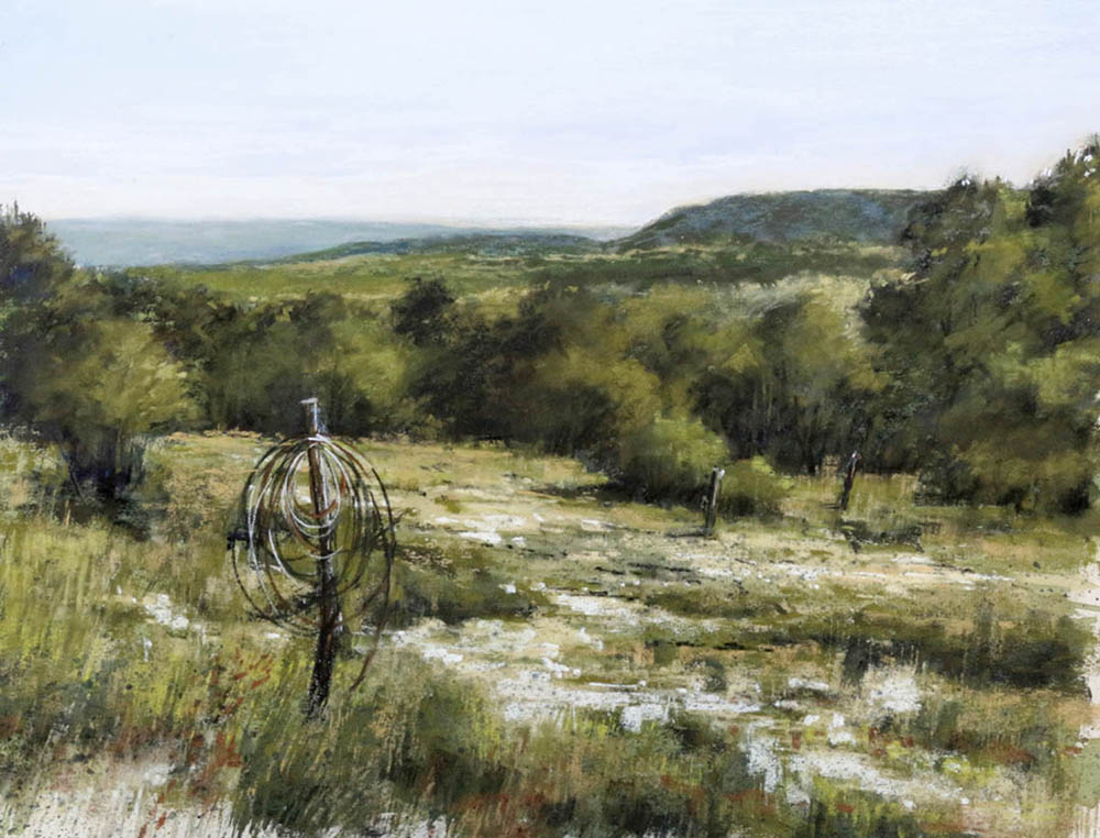 Pastel painting of a pasture with an unfinished fence