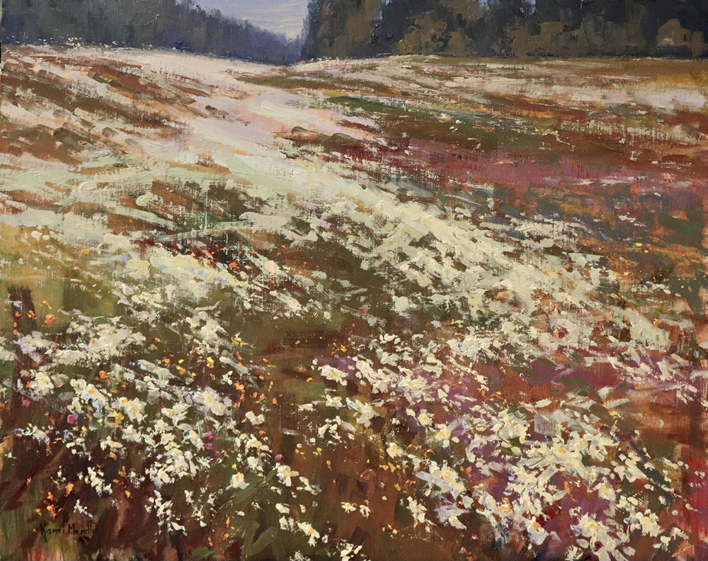 Oil painting of flowers on a hillside