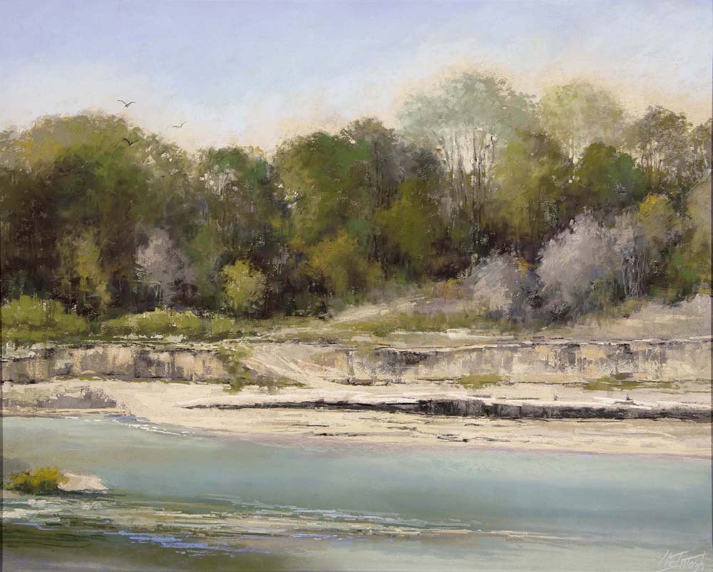 Pastel painting of a swimming hole with trees in the background