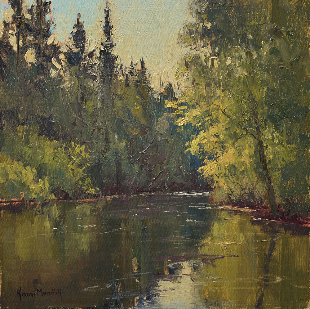 Oil painting of green trees along a river