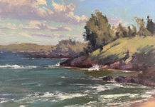 Oil painting of a hilly coastline