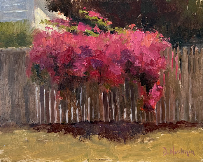 Oil painting of bougainvillea growing up over a fence