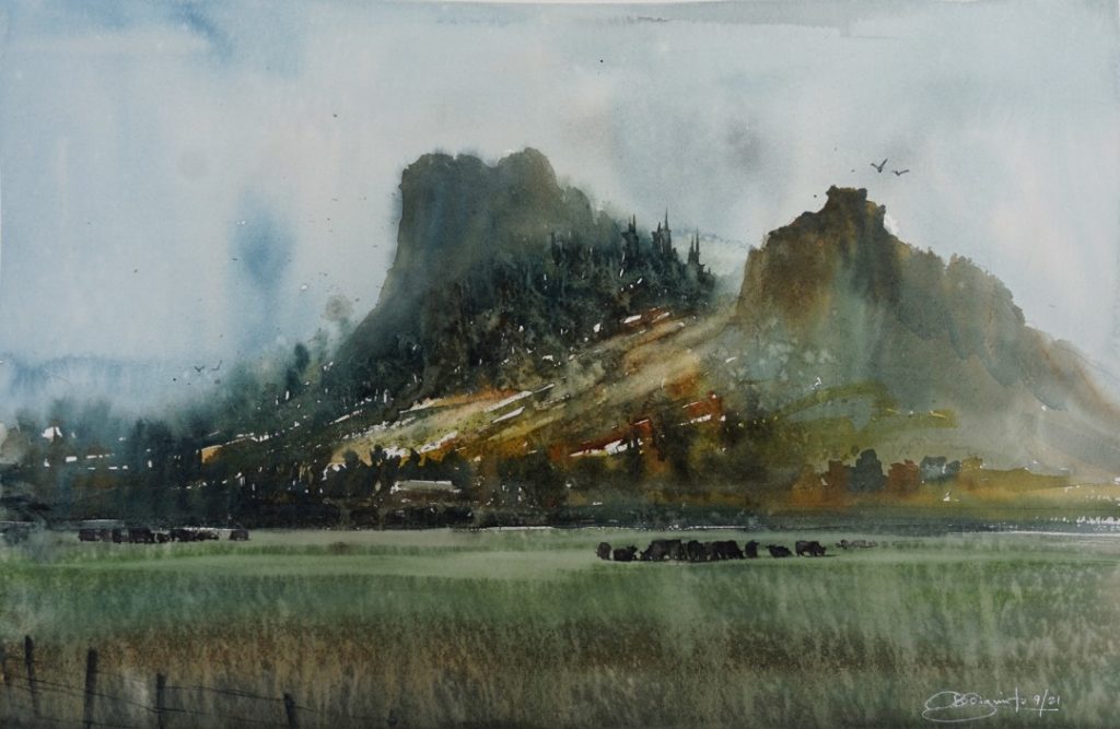 Orville Giguiento, "Yampa's Twin Butte," watercolor, 13 x 19 in.