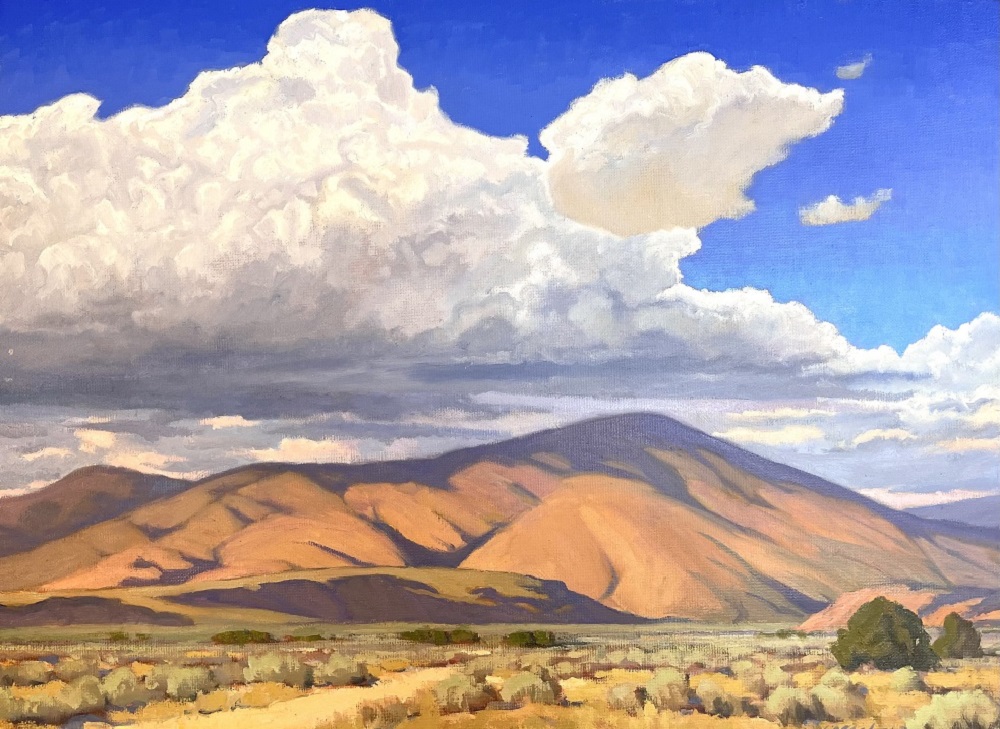 Oil painting of clouds over mountains