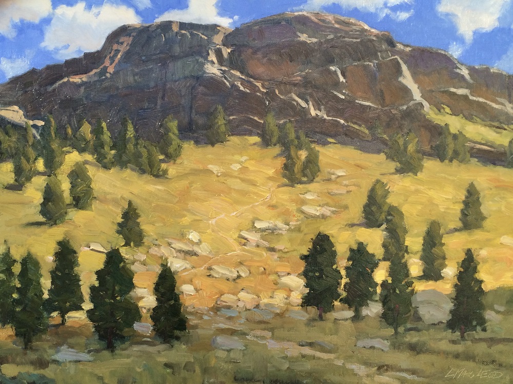 Oil painting of rock formations at top of grassy hill