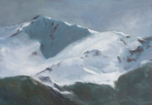 Oil painting of snow covered mountain peak