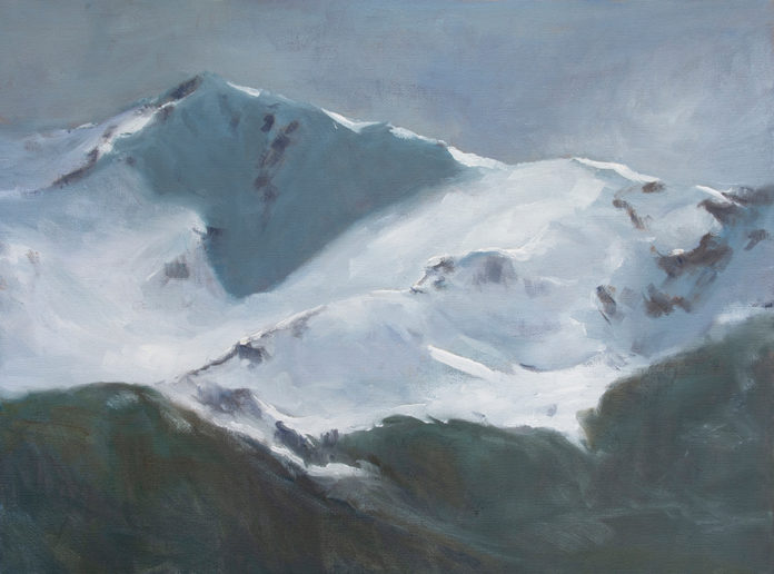 Oil painting of snow covered mountain peak