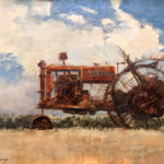 Oil painting of an old red tractor