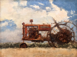 Oil painting of an old red tractor